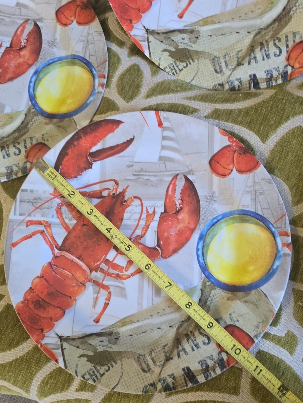 Coastal Lobster Print Melamine Plates - Set of 4 Beach BBQ 4th JULY Cape Cod 10"